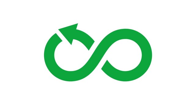 Green infinity symbol with rotating arrow, seamless loop animation, recycling and sustainability concept on white background