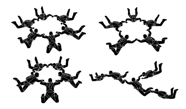 Freefall Skydiving Group Black Silhouette Vector Pack