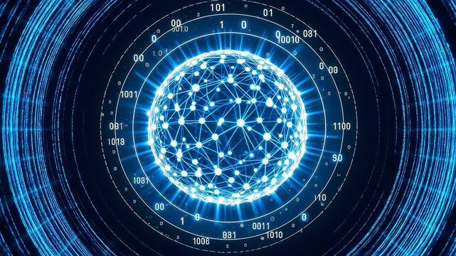 Futuristic Digital Network Sphere with Binary Code Rings and Glowing Nodes