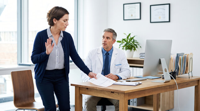 Female patient refusing medical bill at doctor's office desk
