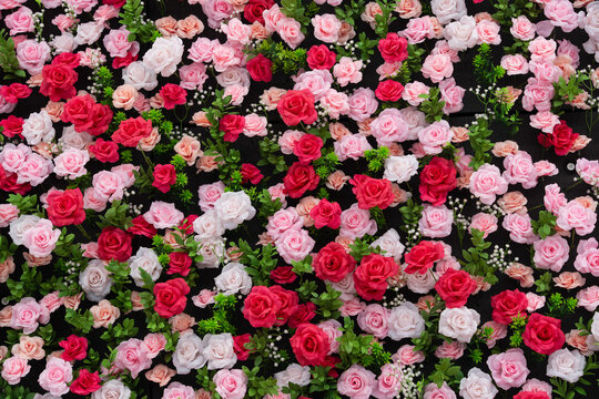 Artificial pink white red rose flower wall, floral wedding backdrop decoration