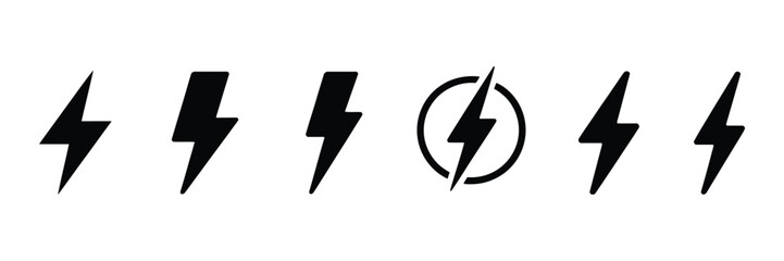 Obraz premium Lightning bolt icon set, electric energy symbols, power warning signs, voltage graphics and modern technology vector illustration.