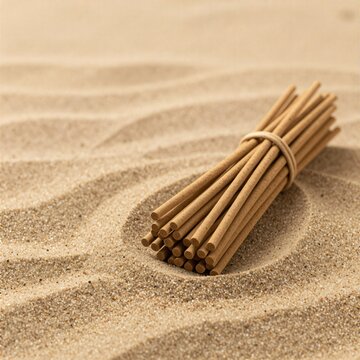 A bundle of incense sticks on dry sand surface