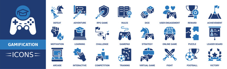 Gamification icon set. Containing joystick, achievement, adventure, RPG, rules, dice, rewards, leaderboard, puzzle and more. Solid vector icons collection.  © Topicons07