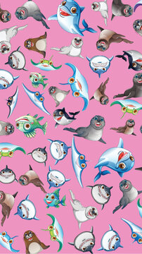 Cartoon Marine Life Seamless Pattern with Dolphins Sharks and Seals