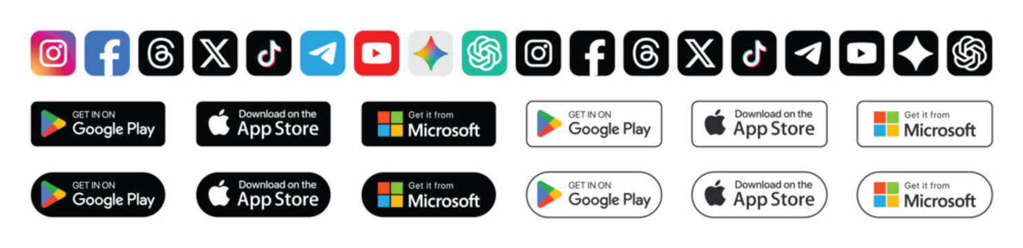 Vector set of social media and app store badges