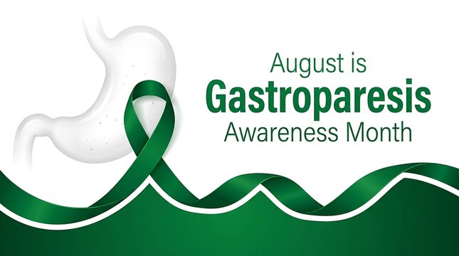 August is gastroparesis awareness month, featuring stomach illustration, green ribbon, and icons for research and care.