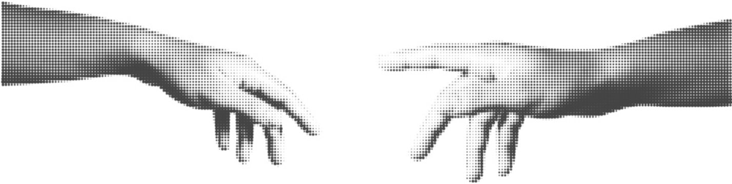 Reaching hands in halftone style. Artistic graphic design of two hands touching.