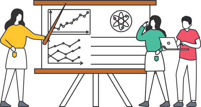 Business presentation with team collaboration on data analysis chart. Office meeting discussing project strategy, market research, financial report, and corporate growth.