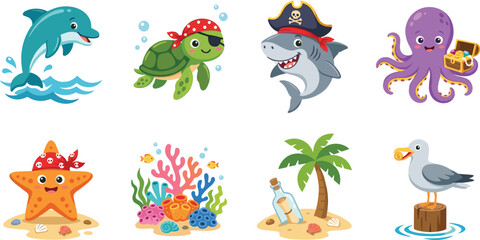 Obraz premium Cute Sea Animals and Pirate Elements Vector Set for Children Education and Greeting Cards