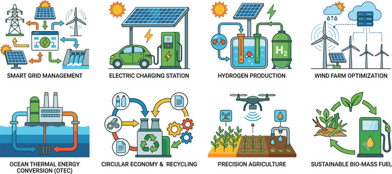 Renewable energy and sustainable ecology concepts set with flat vector icons for green technology