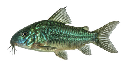 Fototapeta premium Emerald catfish specimen photograph displaying iridescent scales and barbels on transparent background fish ichthyology aquatic life
