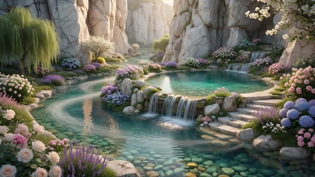 Stunning Fantasy Garden With A Serene Waterfall And Clear Blue River Flowing Through Rocky Cliffs