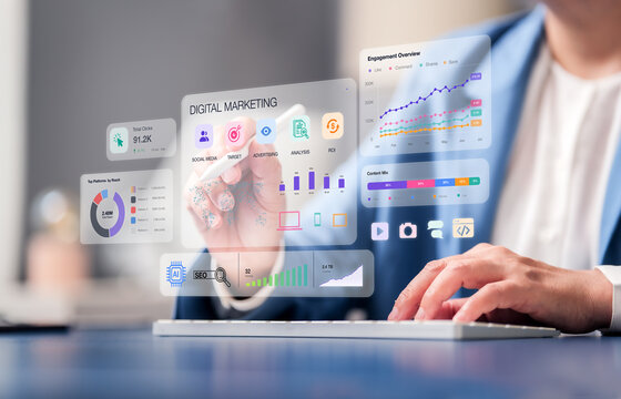 digital marketing and online business using artificial intelligence for SEO strategy and advertising to analyze communication dashboard metrics for branding interface and app development.