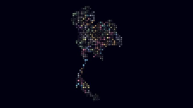 Thailand animation. Shape of the country with pulsating colored dots. Small size circle blocks. Digital style map on dark background. Simple video.