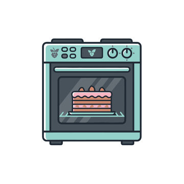 Baking a Cake in Oven: A flat illustration of a retro oven with a tiered cake inside, ready for baking, symbolizing homemade treats and culinary creativity.