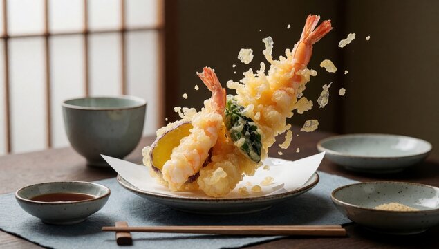Plate japanese food specifically tempura wooden table golden brown appears freshly cooked large shrimp top arr