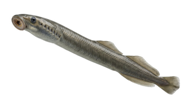 Lamprey with circular oral disc and elongated body on transparent background jawless fish petromyzontidae eel like hagfish