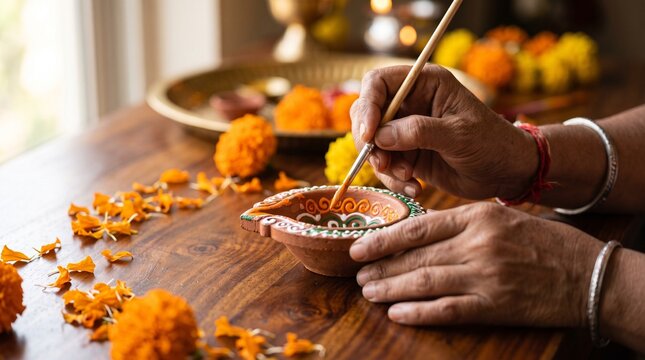 Artisan hands decorating clay lamp with marigold flowers macro shot for cultural holiday marketing