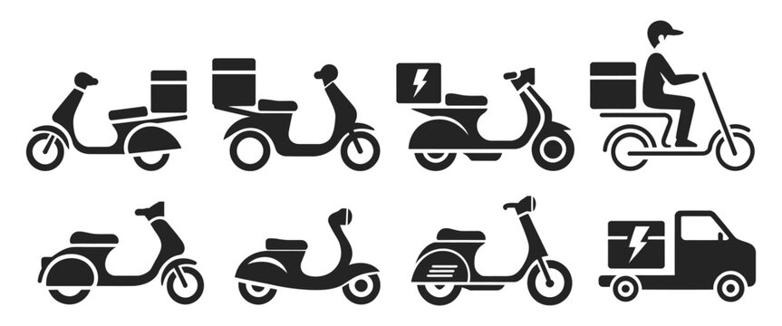 Food delivery scooter icon set, grocery courier silhouettes, express delivery, logistics transport and takeaway service vector illustration.