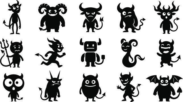 Black cartoon devil silhouettes for Halloween designs and spooky illustrations