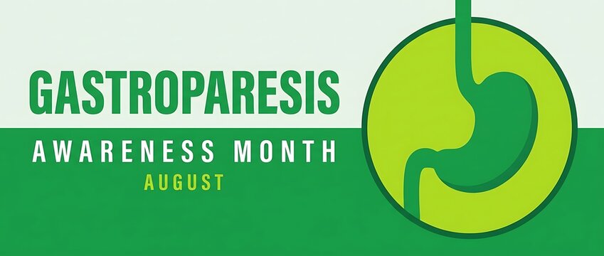 Gastroparesis awareness month august illustration of stomach and text promoting health and medical awareness for digestive disorders.