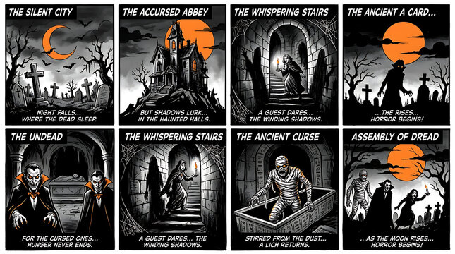 Collection of dark horror comic book style illustrations for halloween stories