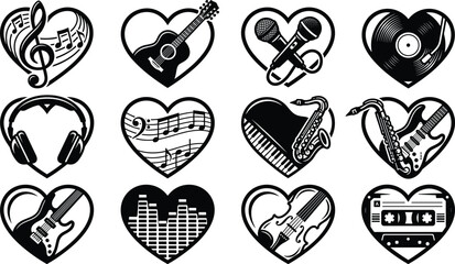 Music heart silhouette icon collection, musical instrument black vector set, audio entertainment glyph illustration bundle © VectoBloom
