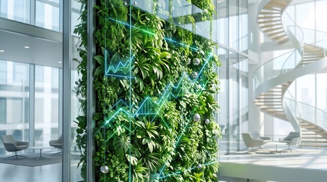 Vertical garden wall with glowing data charts in modern office lobby, symbolizing sustainable business growth and green technology integration in corporate architecture.