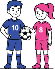 Obraz premium Happy boy and girl soccer players standing together with a football ball