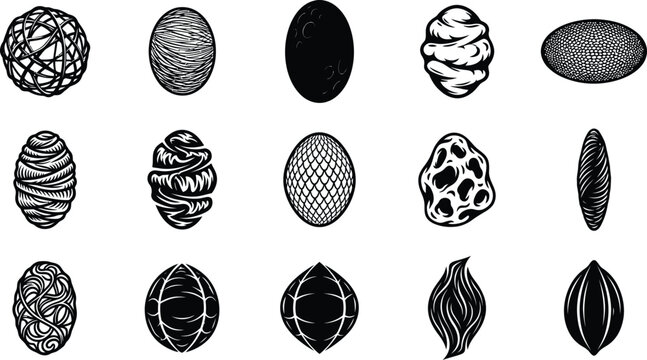 Black and white illustrations of various egg shapes and designs for Halloween or Easter