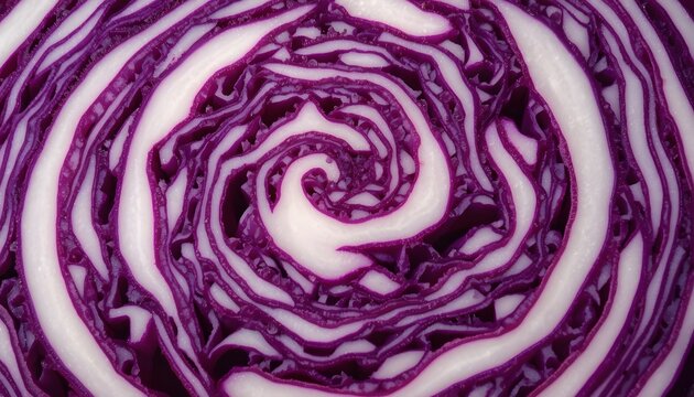 Macro Close Up of Spiral Texture inside Cut Red Cabbage