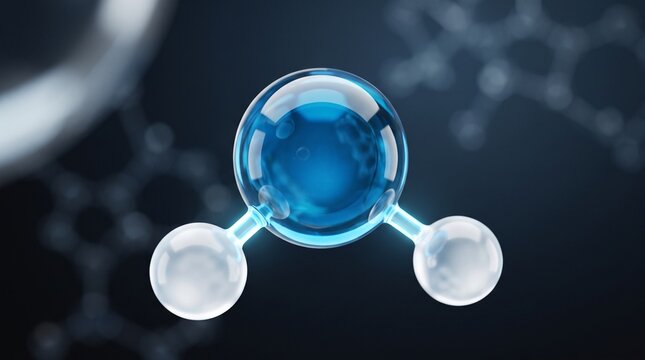 Molecule of water, scientific illustration, blue background, conceptual design