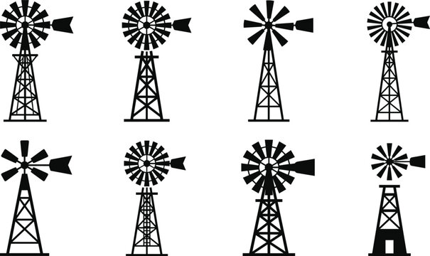 Windmill silhouette collection, rural farm wind turbine vector set, vintage agriculture icon bundle design