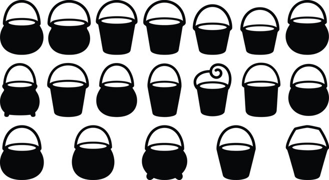 Halloween cauldrons and buckets in black silhouette on white background for spooky designs