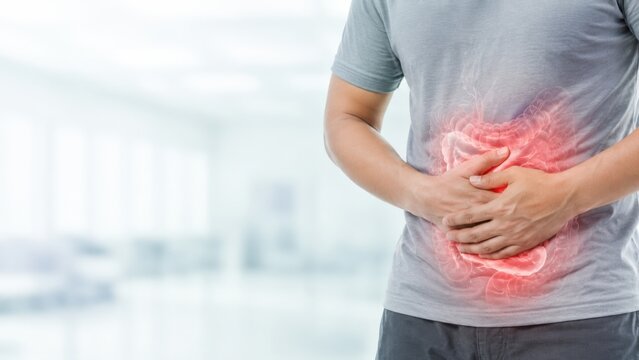 Person Suffering from Abdominal Pain with Inflamed Digestive System Illustration