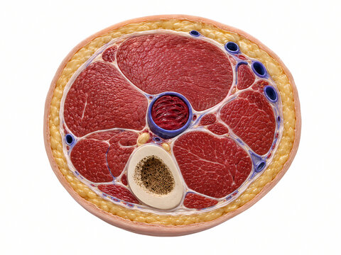 Cross section anatomical model of a human thigh showing muscle compartments bone and vessels