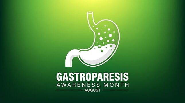 Gastroparesis awareness month august illustration of stomach with bubbles and liquid green background medical condition awareness poster public health campaign.