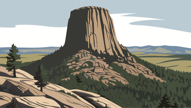 Detailed of devils tower rising above a pine forest and rocky terrain with a soft blue sky and distant hills in the background
