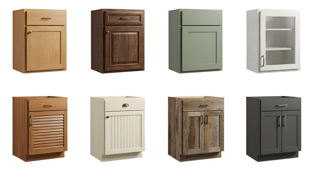 Modern kitchen cabinet collection with 8 different styles, wooden bathroom vanity units in various finishes, home interior furniture set