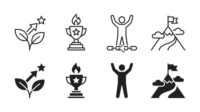 Success icons collection with growth sprout flaming trophy person breaking chains and mountain flag summit symbols