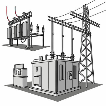 Electrical substation components including a transmission tower, a transformer unit, and a switchgear assembly on a white background