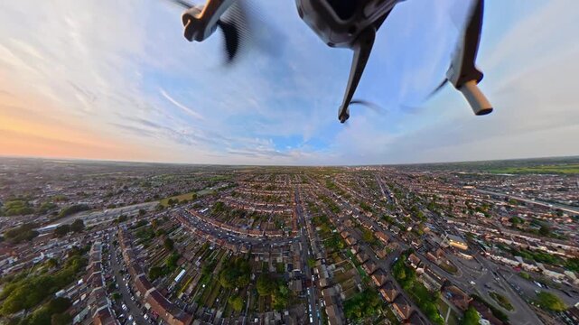 Ultra Wide View of Residential District of Luton City In The Afternoon and Before Sunset with Clear Dark Sky. Drone Flight Above Urban City Streets of British City and Town of England Great Britain. 