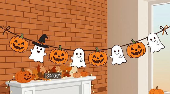 Halloween decoration garland with paper ghosts and pumpkins hanging above