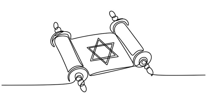 Continuous one line drawing of a jewish torah scroll with star of david symbol Vector, illustration