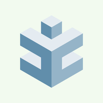 Minimalist isometric 3D block sculpture illustration in shades of blue and gray.