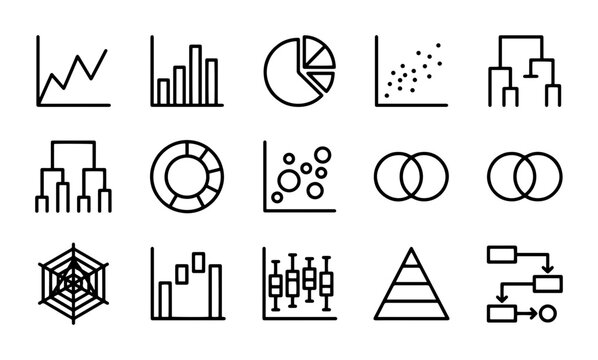 Data Visualization Icons Set, Business Analytics Charts, Financial Graphs, Vector Graphics