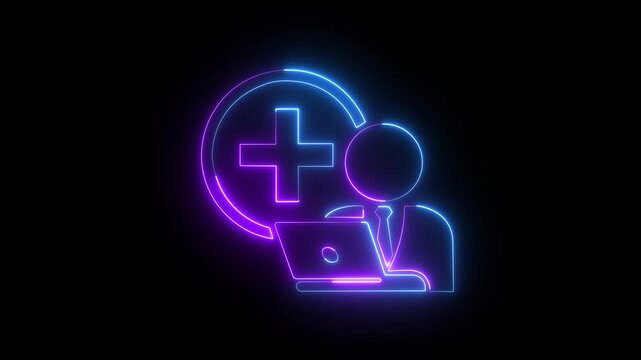 Neon medical with laptop and plus sign animation healthcare glowing