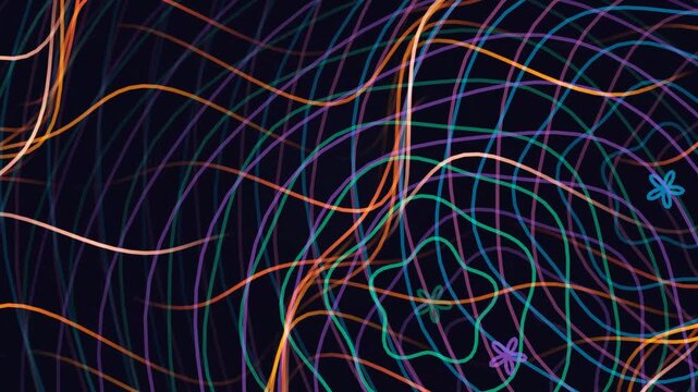 Abstract glowing neon lines with curved geometric flower shapes on dark background, suitable for backgrounds, digital art, and design projects.