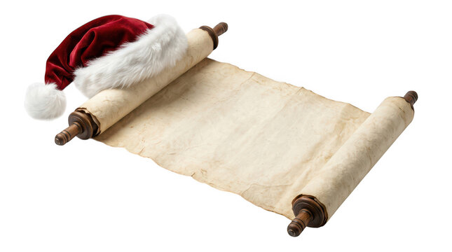 Old paper scroll with a red santa claus hat for christmas isolated on transparent background